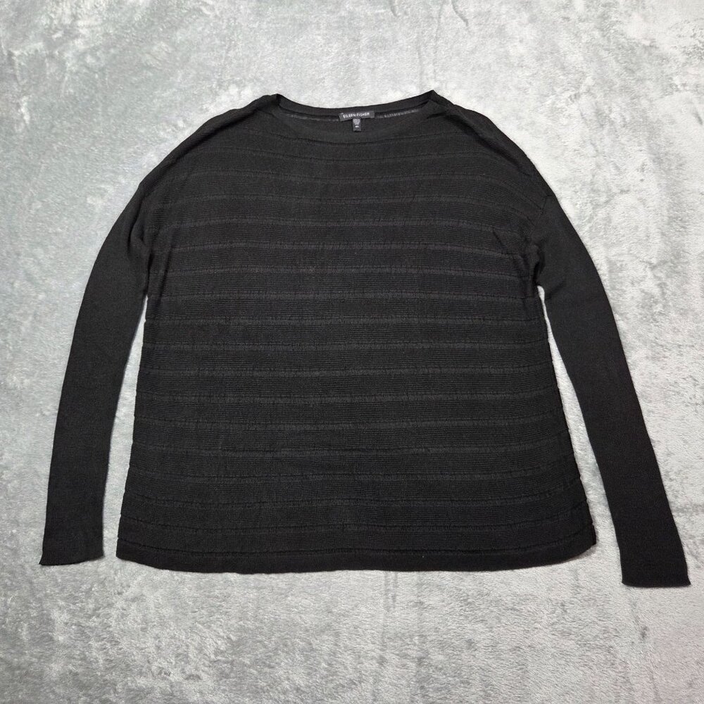 Eileen Fisher Top Womens XS Black Striped Textured Lagenlook Beachy Sweater